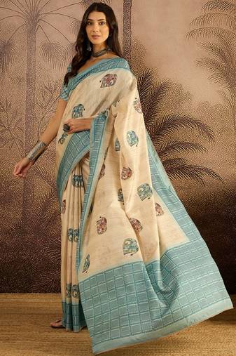 Beige tussar silk printed saree with unstitched blouse piece