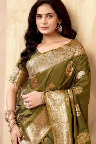 Mehendi rich pallu silk blend saree with zhallar border  a masterpiece of tradition & elegance