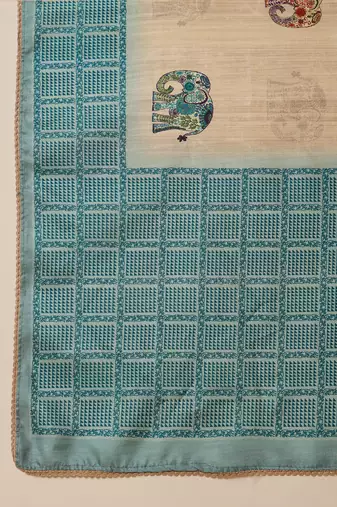 Beige tussar silk blend printed saree with unstitched blouse piece