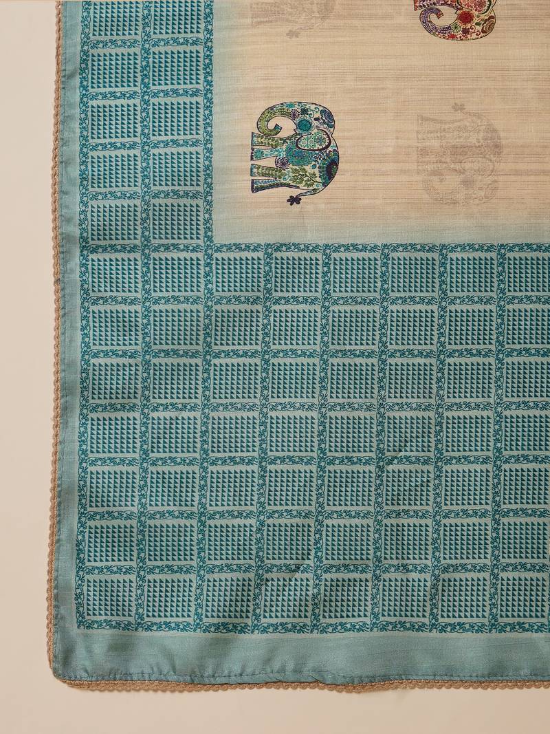 Beige tussar silk printed saree with unstitched blouse piece