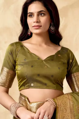 Mehendi rich pallu silk blend saree with zhallar border  a masterpiece of tradition & elegance
