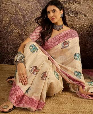 Beige tussar silk blend printed saree with unstitched blouse piece 2