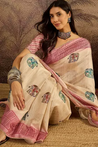 Beige tussar silk blend printed saree with unstitched blouse piece
