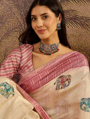 Beige tussar silk blend printed saree with unstitched blouse piece 3