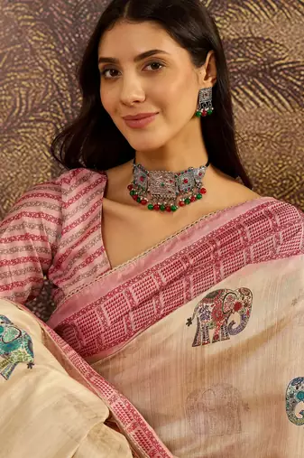 Beige tussar silk blend printed saree with unstitched blouse piece