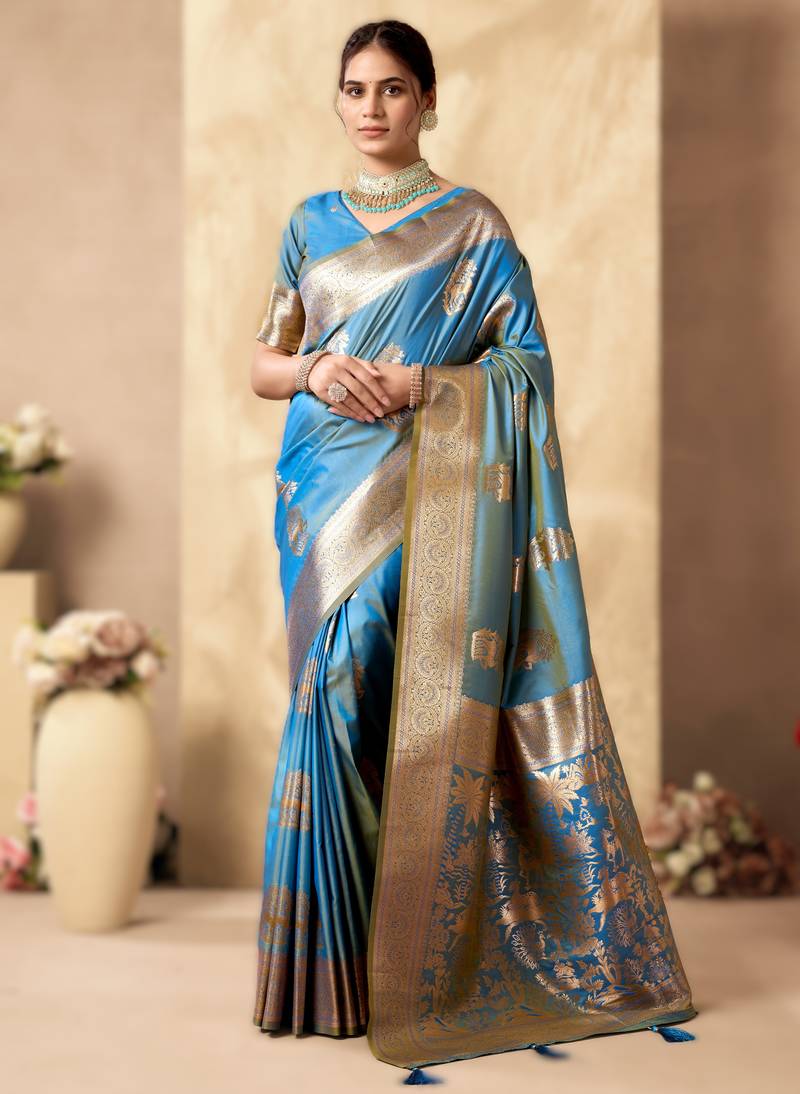 Sky blue rich pallu silk saree with zhallar border     a masterpiece of tradition & elegance