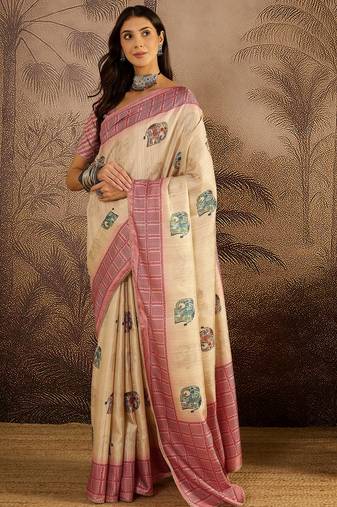 Beige tussar silk printed saree with unstitched blouse piece