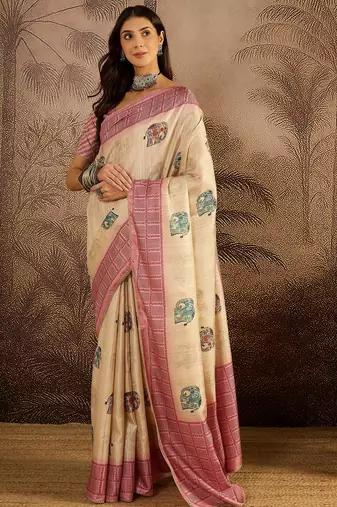 Beige tussar silk printed saree with unstitched blouse piece