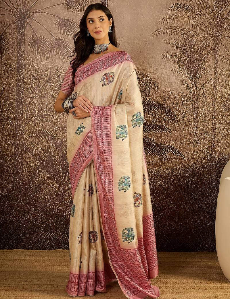 Beige tussar silk printed saree with unstitched blouse piece