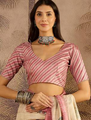 Beige tussar silk blend printed saree with unstitched blouse piece 4