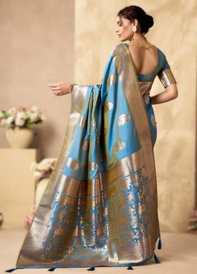 Sky blue rich pallu silk blend saree with zhallar border a masterpiece of tradition & elegance 2