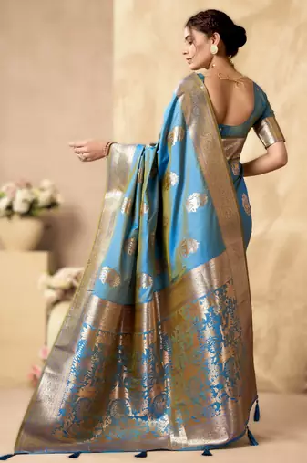 Sky blue rich pallu silk blend saree with zhallar border  a masterpiece of tradition & elegance
