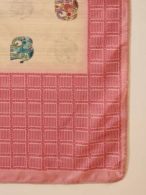 Beige tussar silk blend printed saree with unstitched blouse piece 5