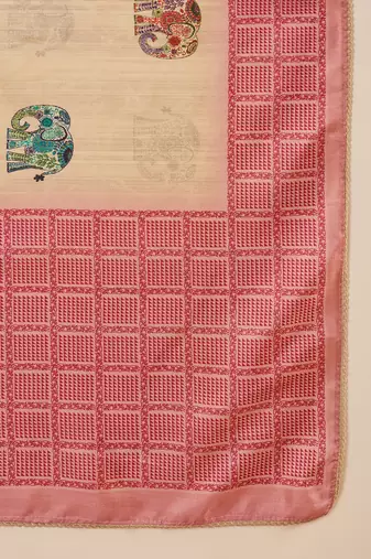 Beige tussar silk blend printed saree with unstitched blouse piece