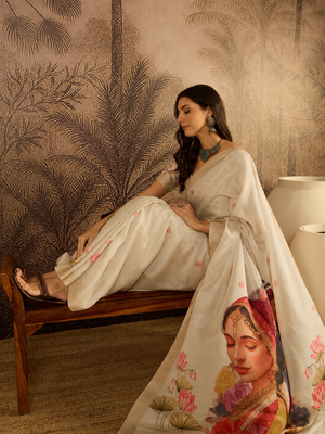Cream cotton printed saree with unstitched blouse piece 2