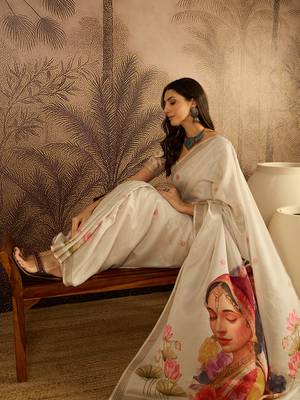 Cream cotton printed saree with unstitched blouse piece 2