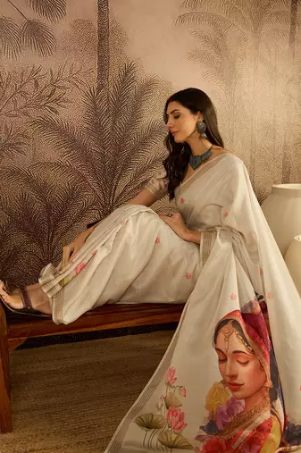 Cream cotton printed saree with unstitched blouse piece