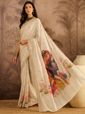 Cream cotton printed saree with unstitched blouse piece 1
