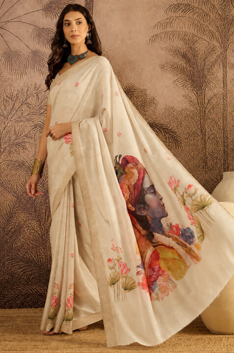 Cream cotton printed saree with unstitched blouse piece