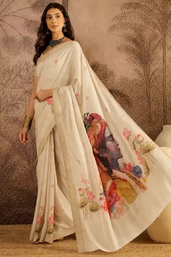 Cream cotton printed saree with unstitched blouse piece