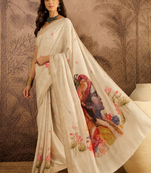 Cream cotton printed saree with unstitched blouse piece