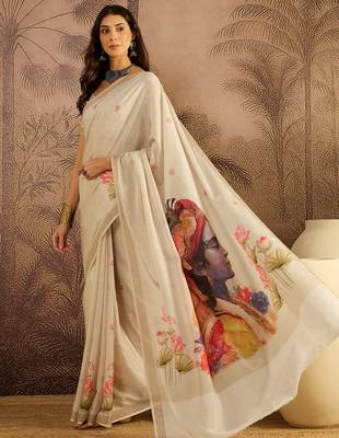 Cream cotton printed saree with unstitched blouse piece 1