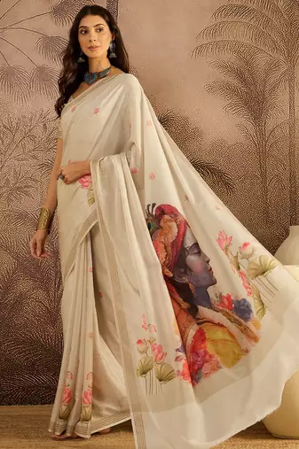 Cream cotton printed saree with unstitched blouse piece