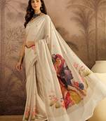 Cream cotton printed saree with unstitched blouse piece