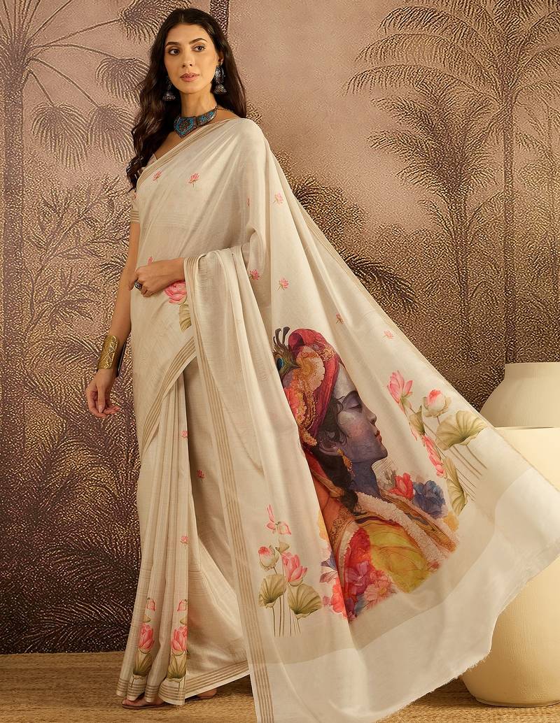 Cream cotton printed saree with unstitched blouse piece