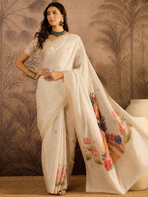 Cream cotton printed saree with unstitched blouse piece 3
