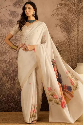 Cream cotton printed saree with unstitched blouse piece