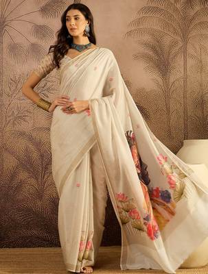 Cream cotton printed saree with unstitched blouse piece 3