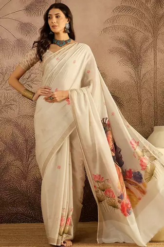 Cream cotton printed saree with unstitched blouse piece