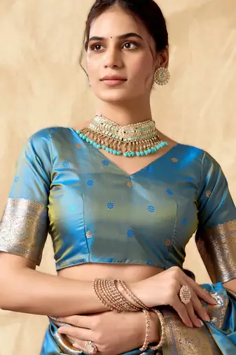 Sky blue rich pallu silk blend saree with zhallar border  a masterpiece of tradition & elegance