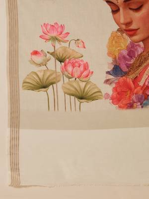Cream cotton printed saree with unstitched blouse piece 5