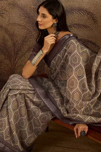 Purple linen printed saree with unstitched blouse piece