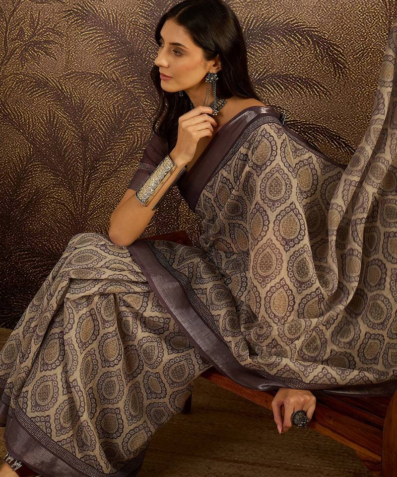 Purple linen printed saree with unstitched blouse piece