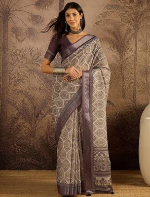 Purple linen printed saree with unstitched blouse piece 1