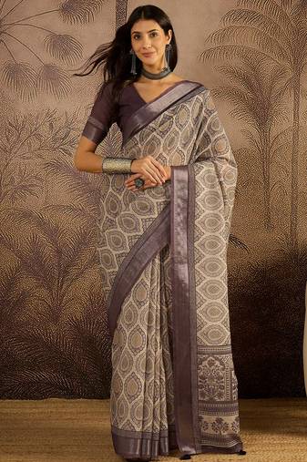 Purple linen printed saree with unstitched blouse piece