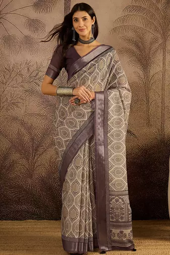 Purple linen printed saree with unstitched blouse piece