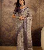 Purple linen printed saree with unstitched blouse piece