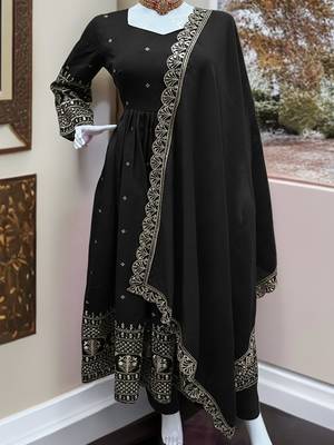 Stylish Black Zari Embroidered Silk Reception Wear Gown With Dupatta 6