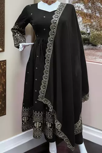 Stylish Black Zari Embroidered Silk Reception Wear Gown With Dupatta