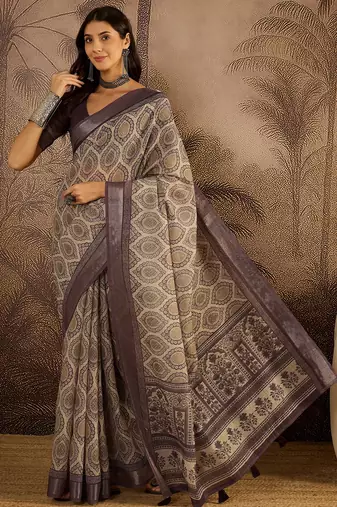 Purple linen printed saree with unstitched blouse piece