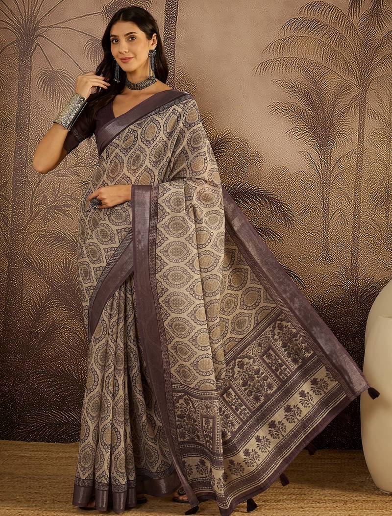 Purple linen printed saree with unstitched blouse piece
