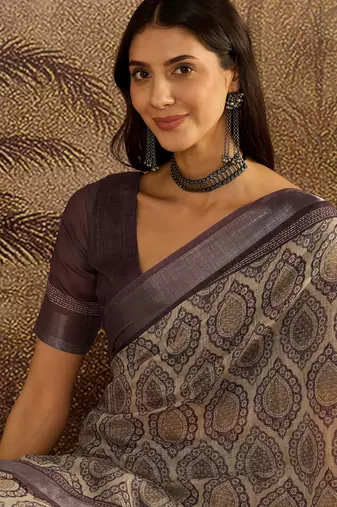 Purple linen printed saree with unstitched blouse piece