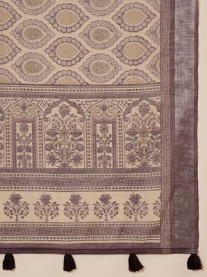 Purple linen printed saree with unstitched blouse piece 5
