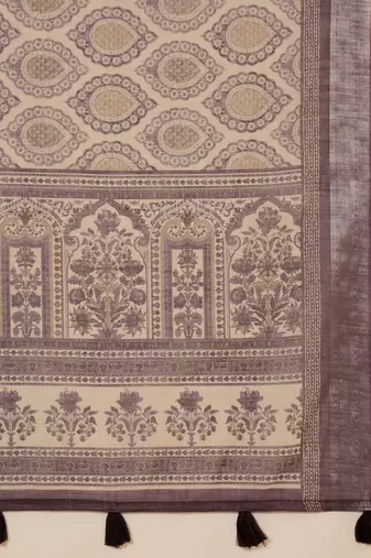 Purple linen printed saree with unstitched blouse piece