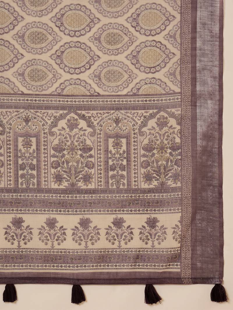 Purple linen printed saree with unstitched blouse piece