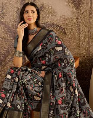 Black tussar silk blend printed saree with unstitched blouse piece 2